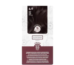 Hair color box labeled 'Lucens Umbria' with shade 4.0 Castano Brown, featuring dark hair image and floral background pattern.